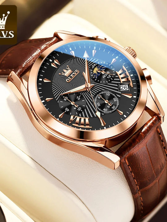 Olevs Herrenuhr 40mm Chronograph Batterie mit Braun Lederarmband