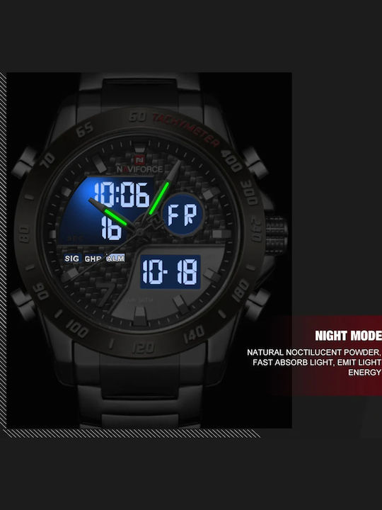 Naviforce Ceas Digital Barbati 45mm Cronograf Baterie cu Brățară Oțel Inoxidabil Neagră