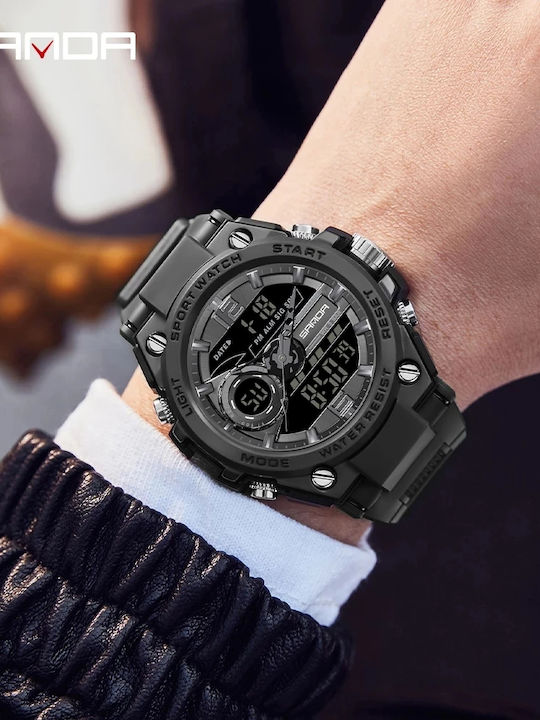 Sanda Digital Men's Watch 53mm Chronograph Battery with Black Rubber Strap