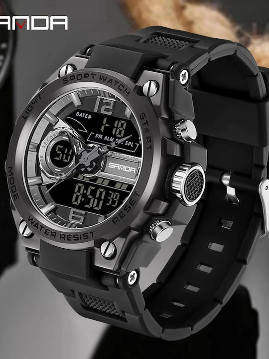 Sanda Digital Men's Watch 53mm Chronograph Battery with Black Rubber Strap