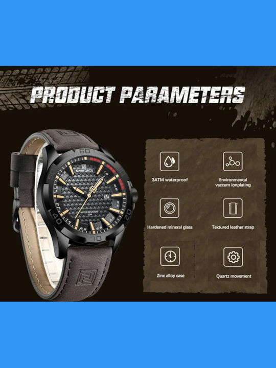 Naviforce Ceas Bărbați 45mm Baterie Cu Curea Din Piele Maro