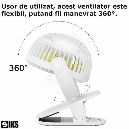 Siks Ventilator De Birou Portabil Camping Cu Clip 3 Niveluri De Viteză Rotire 720 Grade Durată Baterie 5v 3-13h Usb Alb