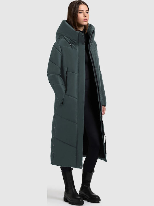 Women's Long Puffer Jacket for Winter Green