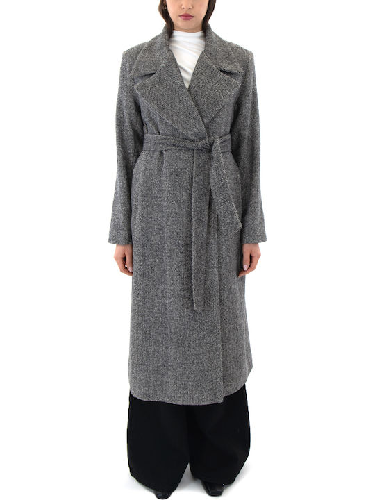 Women's Grey, White, Black Coat with Belt