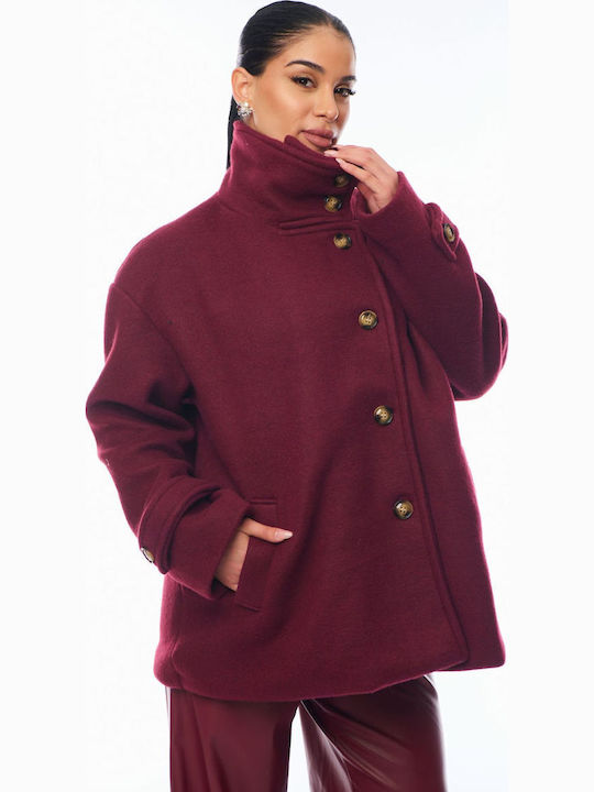 Women's Bordeaux Peacoat with Buttons