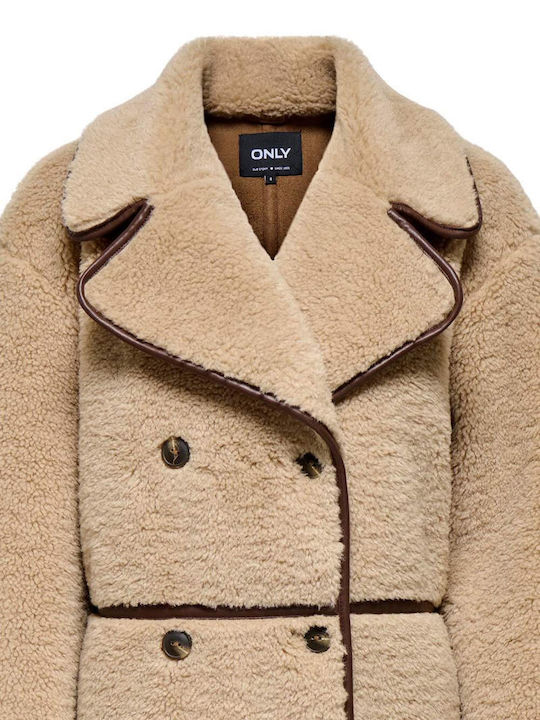 Women's Brown Teddy Coat with Buttons