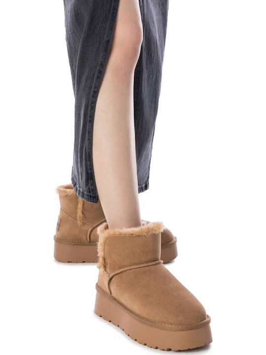 Leather Women's Ankle Boots with Fur Brown
