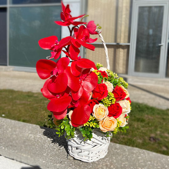 Coș Royal Orchid Trandafiri Săpun Accesorizate Flori și Plante Artificiale Roșii Crem Verzi Coș Royal Orchid Trandafiri Săpun Accesorizate Flori și Plante Artificiale Roșii Crem Verzi