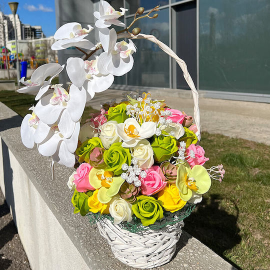 Coș Royal Orchid Trandafiri Săpun Orhidee Decorate Flori și Plante Artificiale Galbene Verzi Albe Coș Royal Orchid Trandafiri Săpun Orhidee Decorate Flori și Plante Artificiale Galbene Verzi Albe