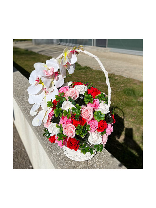 Coș Regal Orhidee Trandafiri Săpun Accesorizați Flori și Plante Artificiale Roșii Roz Verzi
