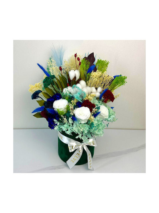 Aranjament Floral Infinity În Cutie Rotundă Din Catifea Flori Naturale Criogenate Uscate Plante Preservate 43 Cm
