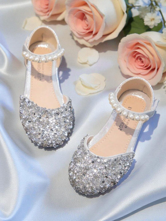 Kids Leather Ballerinas with Hoop & Loop Closure Silver