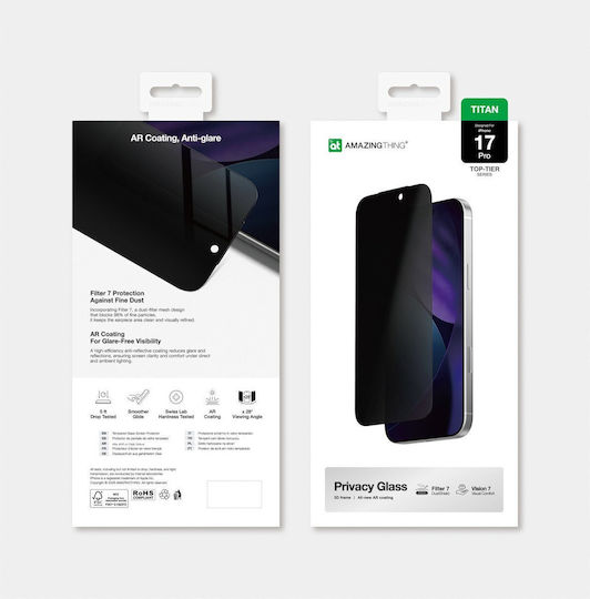AmazingThing Privacy Tempered Glass (iPhone 17 / 17 Pro / 16 Pro)