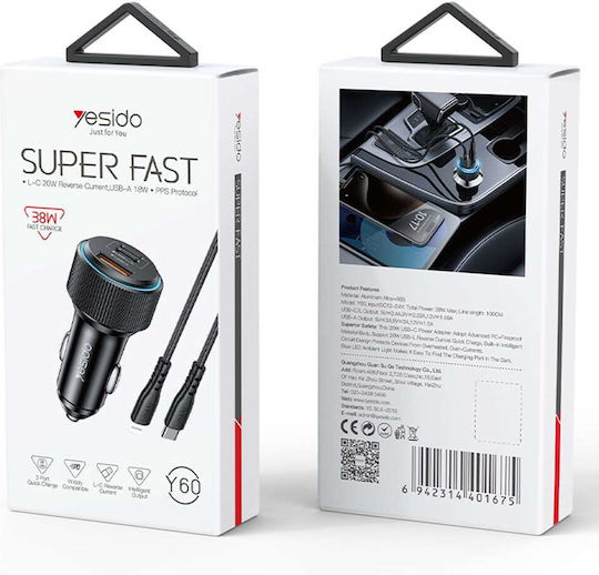 Yesido Автомобилен Зарядно Устройство 38W Бързо Зареждане с Портове 1xUSB-A 1xType-C с Кабел Type-C / Lightning Черен Цвят