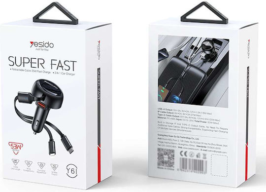 Yesido Auto-Ladegerät 53W Schnellladen mit einer Buchse 1xUSB-A zusammen mit Kabel Lightning / Type-C Schwarz
