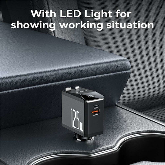 Yesido Car Charger 125W With Ports 1xUSB-A 1xType-C With Type-C Lightning Cable Black Colour