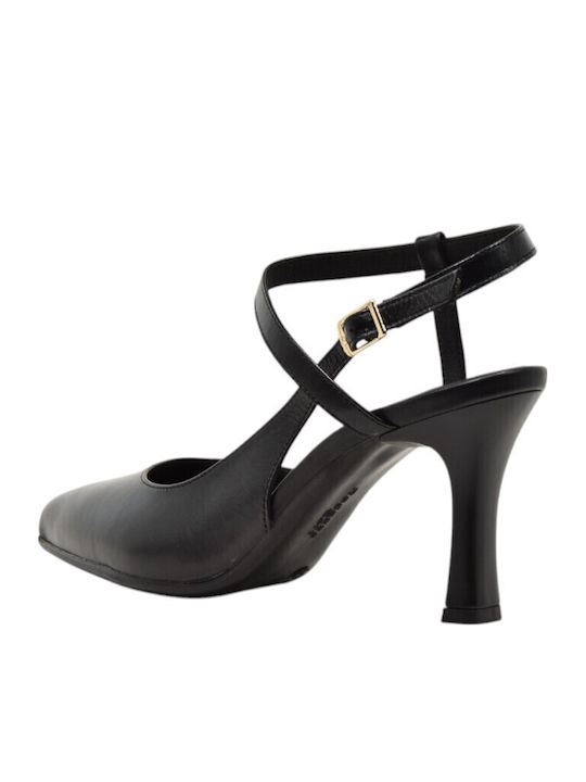 Leather Pointed Toe Black Heels with Strap