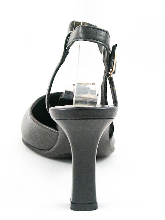 Leather Pointed Toe Black Heels with Strap