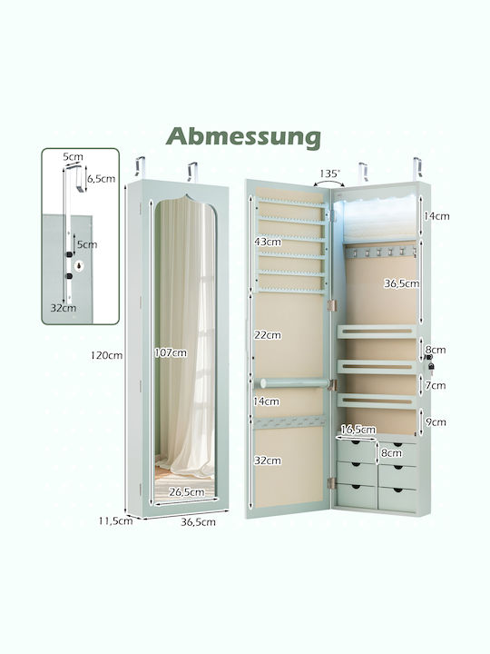 Costway Jewellery Cabinet Led Locked Wall-Mounted Mirror Door & 6 Drawers Green Hw63090gn