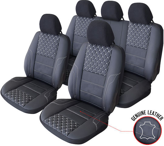Smartic Huse Scaune Auto Queen Piele Sintetica Eco Piese Din Piele Naturala 11 Bucati Compatibile Cu Airbag Pliabile Material 3 Straturi Negru Gri