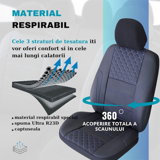 Smartic Huse Scaune Auto Queen Piele Sintetica Eco Piese Din Piele Naturala 11 Bucati Compatibile Cu Airbag Pliabile Material In 3 Straturi Negru Albastru