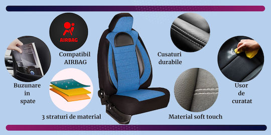 Smartic Car Seat Covers Set Racing 11 Pieces Airbag Compatible Foldable 3 Layers Material Blue