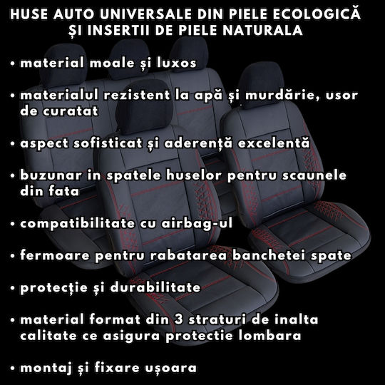 Smartic Huse Scaune Auto Atlas Piele Ecologică Inserții Din Piele Naturală 11 Piese Compatibile Cu Airbag Pliabile Material În 3 Straturi Negru Roșu