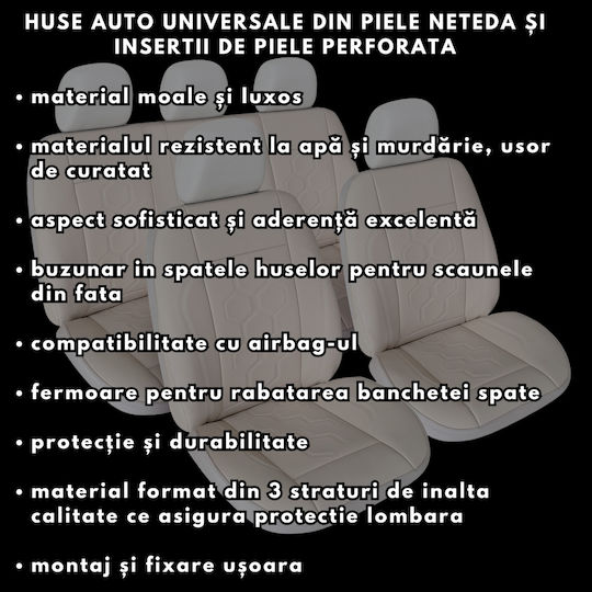 Smartic Huse Scaune Auto Piele Eco Piele Perforată Inserții S07 11 Piese Compatibile Airbag Pliabile 3 Straturi Material Bej