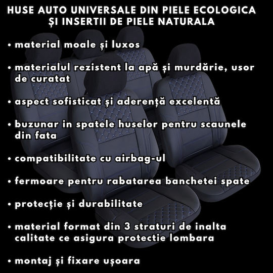 Smartic Huse Scaune Auto Queen Piele Sintetica Eco Piese Din Piele Naturala 11 Bucati Compatibile Cu Airbag Pliabile Material In 3 Straturi Negru Albastru