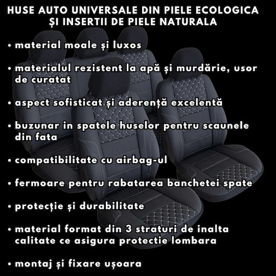 Smartic Huse Scaune Auto Queen Piele Sintetica Eco Piese Din Piele Naturala 11 Bucati Compatibile Cu Airbag Pliabile Material 3 Straturi Negru Gri