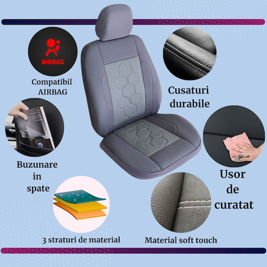 Smartic Huse Scaune Auto Piele Eco Piele Perforată Inserții S08 11 Piese Compatibile Airbag Pliabile Material 3 Straturi Gri
