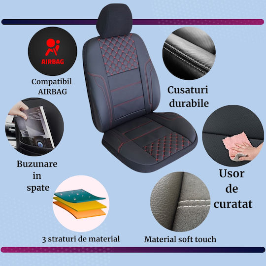 Smartic Huse Scaune Auto Queen Piele Sintetica Eco Piese Din Piele Naturala 11 Bucati Compatibile Cu Airbag Pliabile Material In 3 Straturi Negru Rosu