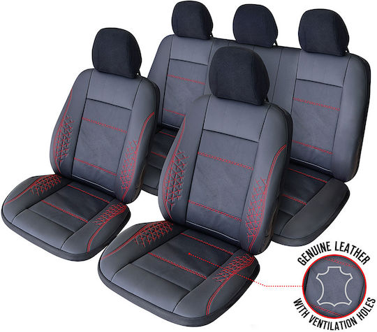 Smartic Huse Scaune Auto Atlas Piele Ecologică Inserții Din Piele Naturală 11 Piese Compatibile Cu Airbag Pliabile Material În 3 Straturi Negru Roșu