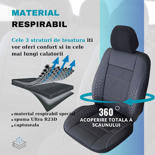 Smartic Huse Scaune Auto Atlas Piele Ecologică Inserții Din Piele Naturală 11 Piese Compatibile Cu Airbag Pliabile Material În 3 Straturi Negru Gri
