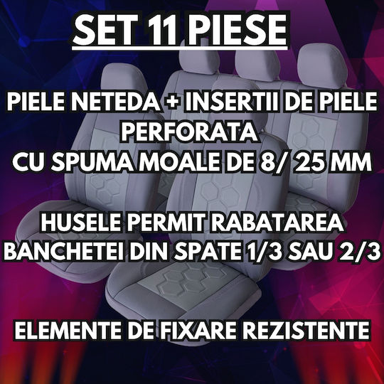Smartic Huse Scaune Auto Piele Eco Piele Perforată Inserții S08 11 Piese Compatibile Airbag Pliabile Material 3 Straturi Gri