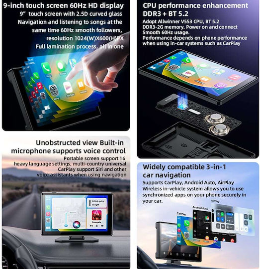 Yesido Οθόνη 9" για Ταμπλό Αυτοκινήτου με Bluetooth/Apple-CarPlay