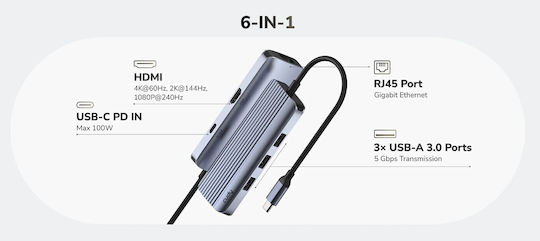Cudy Hub 6 Porturi USB 3.2 cu Conectare USB-A Ethernet Gri