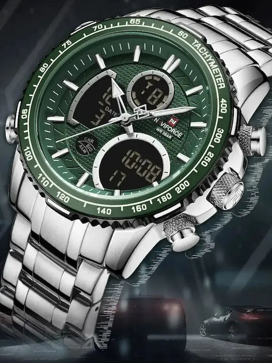 Naviforce Дигитален Мъжки Часовник 46mm Хронограф На Батерия със Сребриста Метална Гривна