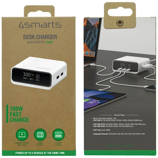 4Smarts Βάση Φόρτισης GaN με 2 Θύρες USB-A και 3 Θύρες USB-C 100W Power Delivery / Quick Charge 3.0 σε Λευκό χρώμα (546100)