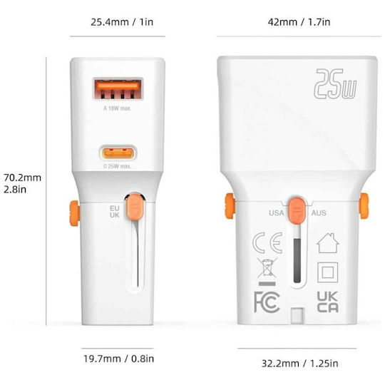 4Smarts Charger Without Cable with USB-A Port and USB-C Port 25W Power Delivery / Quick Charge 2.0 / Quick Charge 3.0 Whites (Travel)