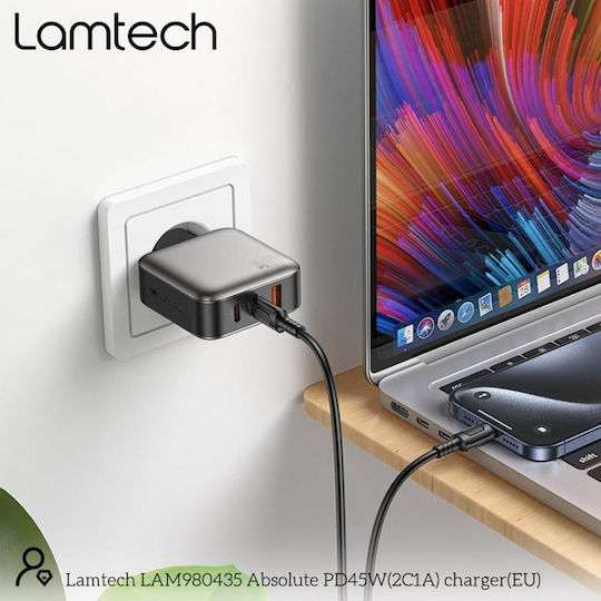 Lamtech Charger Without Cable GaN with USB-A Port and 2 USB-C Ports 45W Power Delivery Gray (LAM980435)
