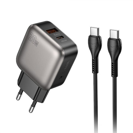 Lamtech Φορτιστής με Θύρα USB-A και Θύρα USB-C και Καλώδιο USB-C - USB-C 60W Power Delivery / Quick Charge 3.0 Γκρι (LAM980725)