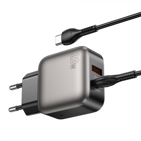 Lamtech Φορτιστής με Θύρα USB-A και Θύρα USB-C και Καλώδιο USB-C - USB-C 60W Power Delivery / Quick Charge 3.0 Γκρι (LAM980725)