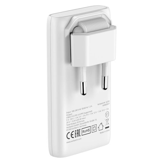 Verbatim GaN Wireless Charger with 2 USB-C Output Ports 65W Power Delivery White (Fold 'n' Go)
