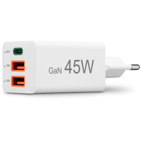 HAMA Charger with Built-in Cable GaN with USB-A Port and 2 USB-C Ports 45W Power Delivery Whites (00201995)