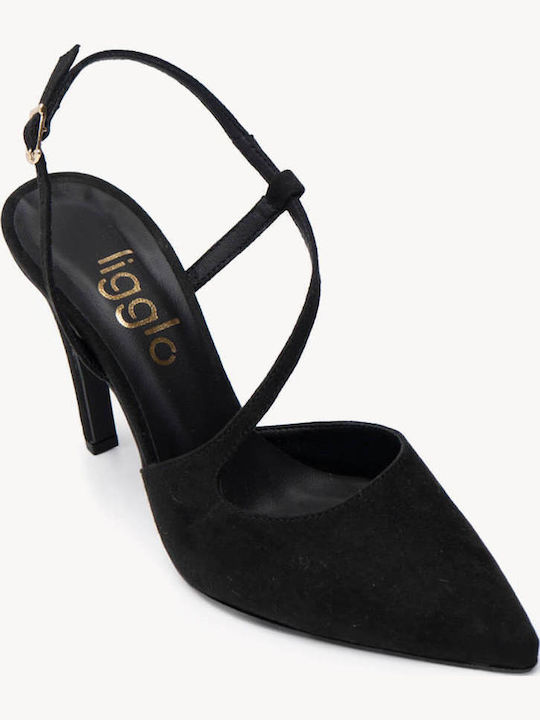 Schwarze Pumps Wildleder Kreuzriemen Offene Ferse