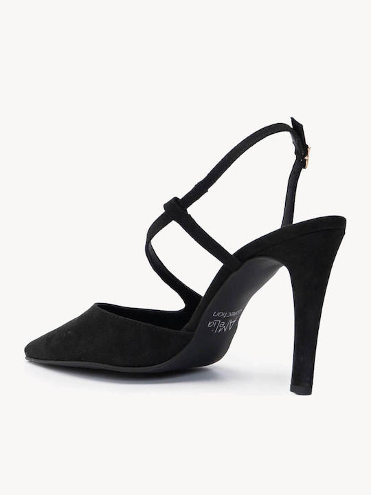 Schwarze Pumps Wildleder Kreuzriemen Offene Ferse