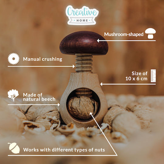 Casă Creativă Spargător de Nuci din Lemn Formă de Ciupercă 10 X 6 Cm Mecanism cu Șurub din Lemn de Fag Natural Robust Util