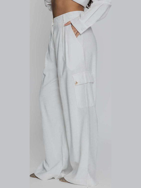 Women's High-waisted Fabric Cargo Trousers Palazzo Fit White