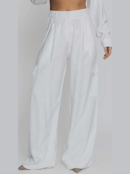 Women's High-waisted Fabric Cargo Trousers Palazzo Fit White